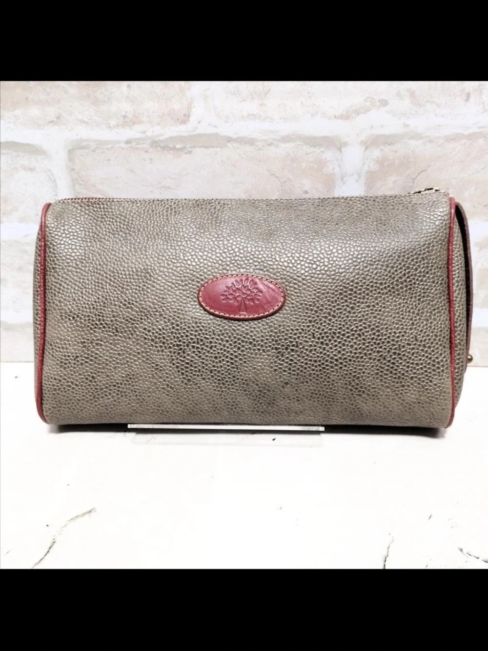 Mulberry Pebbled Leather Zip Pouch in Taupe with Red Accents